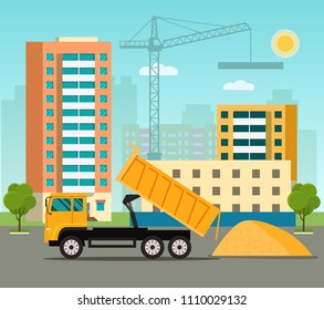 City life set with buildings and tipper. Vector flat style illustration.