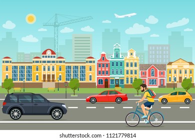 City life set with cars, road and buildings. City street panoramic. Vector flat style illustration.