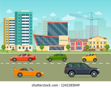 City life set with cars, road, buildings. City street panoramic. Vector flat style illustration.