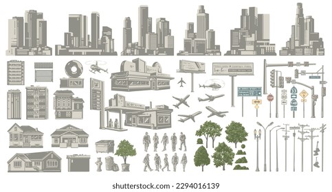 City life set logotypes monochrome with buildings and people living in metropolis or urban furniture and trees vector illustration