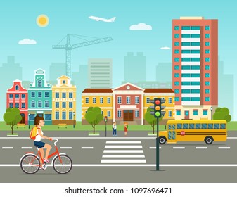  City life set with school bus, road, buildings and crosswalk. City street panoramic. Vector flat style illustration.