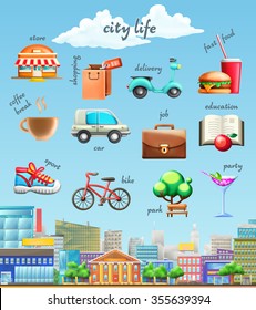 City life, set of vector icons