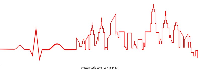 City Life Skyline Abstract On ECG Line Monitor