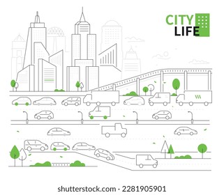 Stadtleben - dünne Linie Design, Vektorgrafik auf weißem Hintergrund. Hochwertige Zusammensetzung der Gebäude, Wolkenkratzer, Straße mit Autos. Städtische Landschaft, Verkehr, verschiedene Verkehrsträger