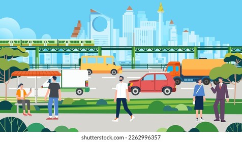 City life train monorail Cars on city road People walking with chat activity on street. Urban infrastructure modern futuristic city landscape and transport traffic