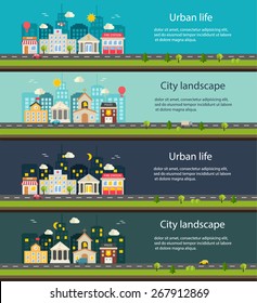 City Life And Urban Landscape Banners At Day And At Night. Background With Buildings Icons Set:  Police, Fire Station, School, Church, Bank, Court House, Hospital, Shop In Modern Flat Design Style