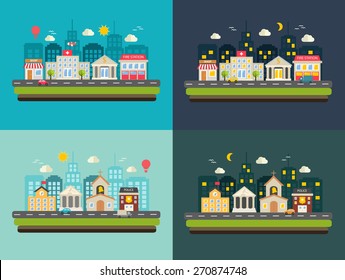 City Life, Urban Landscapes Set At Day And At Night. With Buildings Icons Set:  Police, Fire Station, School, Church, Bank, Court House, Hospital, Shop, Store In Modern Flat Design Style