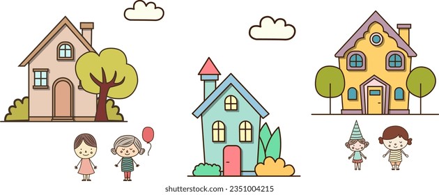 city life vector illustration. brown, blue houses. cottage houses vector illustration on blue background.