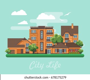 City life. Vector illustration with buildings, detached house, semi-detached house, bungalow, mansion, high-rise building.