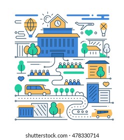 City life - vector modern line flat design composition with school building and people