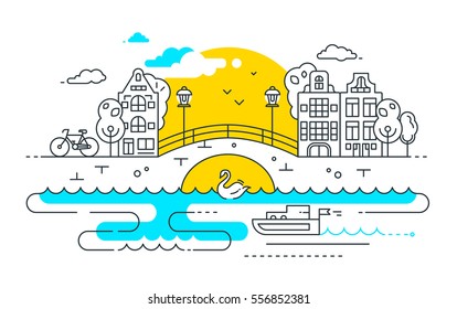 City life - vector modern line flat design city composition with cityscape