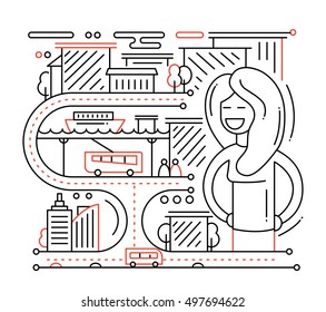 City life - vector modern plain line flat design composition with vehicles and happy female