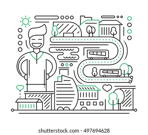 City life - vector modern plain line flat design composition with vehicles and happy male