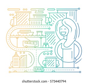 City life - vector modern plain line flat design city composition with vehicles and happy female - color gradient