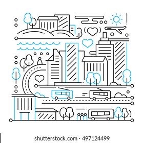 City life - vector modern simple line flat design composition with cityscape