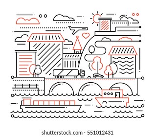 City life - vector modern simple line flat design composition with cityscape