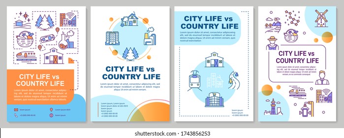 Broschüre Stadtleben vs Land Life. Städtische und ländliche Lebensweise. Flyer, Broschüre, Faltblatt, Deckendesign mit linearen Symbolen. Layouts für Zeitschriften, Jahresberichte, Werbeplakate