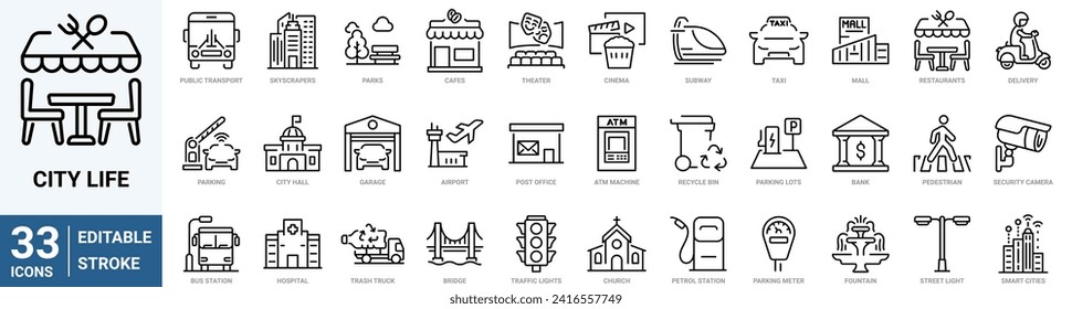 City life web line icons. Infrastructure. taxis, subways, buildings, apartments, shopping. Vector illustration