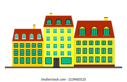 City life. Yellow houses in the Scandinavian style. Landscape with building facades. Vector illustration isolated on white background