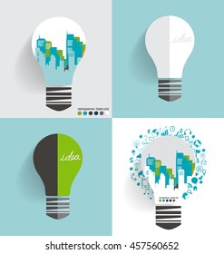 Ciudad en bombilla. Ilustración vectorial.