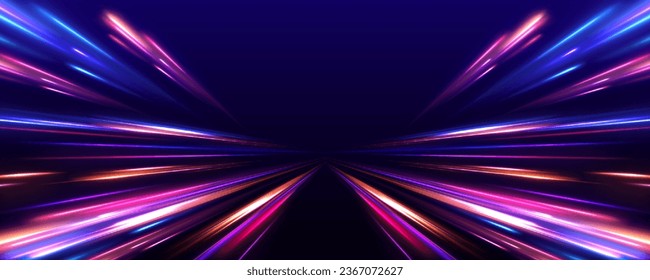 City light trails motion background. Light arc in neon colors, in the form of a turn and a zigzag. Illustration of high speed concept. 