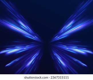 City light trails motion background. Light arc in neon colors, in the form of a turn and a zigzag. Illustration of high speed concept. 