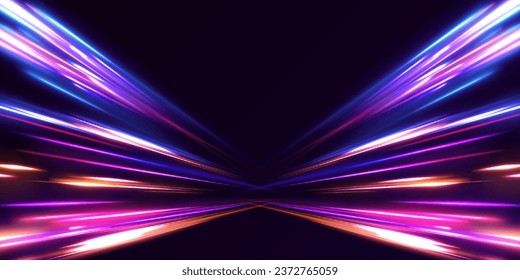 City light trails motion background. Light arc in neon colors, in the form of a turn and a zigzag. Illustration of high speed concept. 