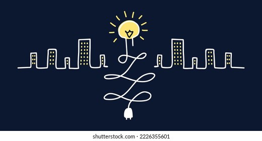 City lighting. Night city with lights in the windows in the style of contour cartoon graphics. A glowing light bulb with a cord and a plug at the end. Electricity used to light the city.