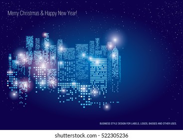 City Lights. New Year Vector illustration of city with lighting windows, and in winter time. Holidays concept