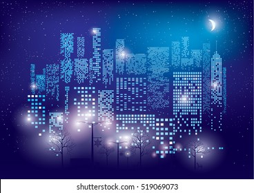 City Lights. Vector Illustration Of City With Lighting Windows, The Moon, Trees, Lamps And Benches In Autumn Time. Holidays Concept.