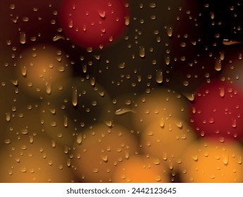 City ligths and window drops condensation water falls on glass background. Rain drops with light reflection on dark window surface, abstract wet texture, scattered pure aqua spots pattern.