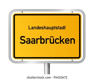 City limit sign Saarbrucken SaarbrÃ?Â¼cken against white background - capital of the federal state Saarland, Germany