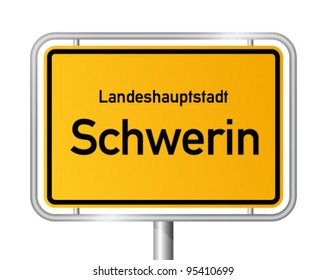 City limit sign SCHWERIN against white background - capital of the federal state Western Pomerania - Mecklenburg Vorpommern, Germany