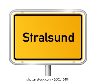 City limit sign STRALSUND against white background - Western Pomerania, Mecklenburg Vorpommern, Germany