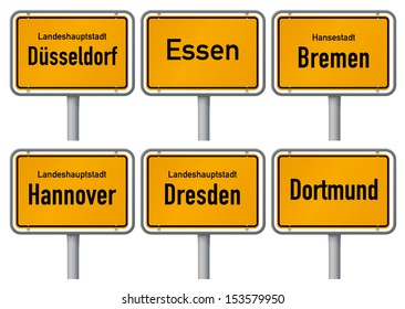 City limits signs of six major cities in Germany - Dusseldorf, Essen, Bremen, Hannover, Dresden and Dortmund - with realistic shading and official typeface and proportions. Part 2.