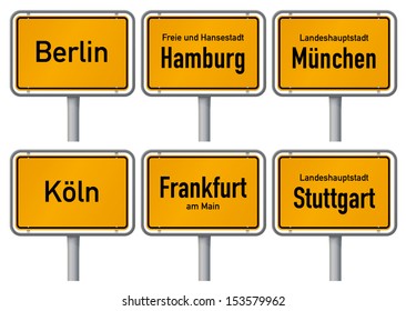 City limits signs of six major cities in Germany - Berlin, Hamburg, Munich, Cologne, Frankfurt and Stuttgart - with realistic shading and official typeface and proportions. Part 1.