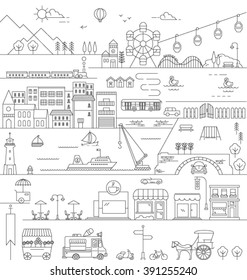 CITY IN LINE ART, FLAT ICONS STYLE. Editable vector illustration file.skyline bird view.