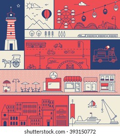 CITY IN LINE ART, FLAT ICONS OUTLINE STYLE. Editable Vector Illustration File.
