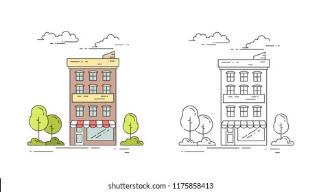 City line building vector illustration set with vintage multi storey apartment house with trees and clouds in colorful and black outline design isolated on white background.