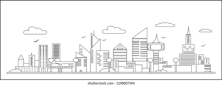 City line drawing has a tall building and a viewing tower.