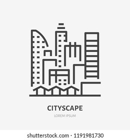 City line flat linear icon. Vector sign of urban cityscape, downtown buildings, skyscrapers outline logo.