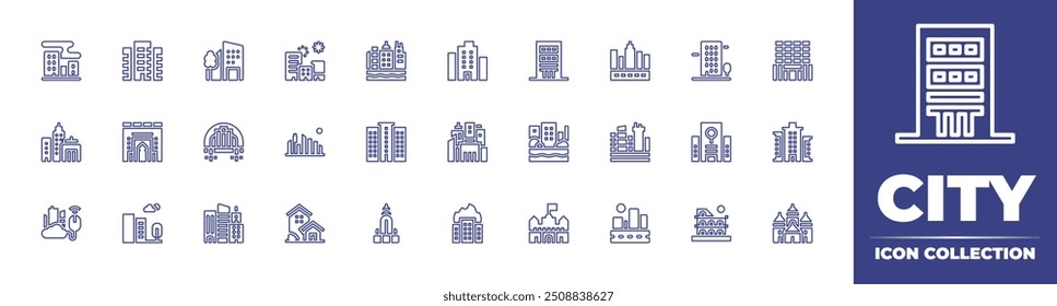 City line icon collection. Editable stroke. Vector illustration. Containing city, house, skyscraper, chryslerbuilding, building, citygate, cityscape.