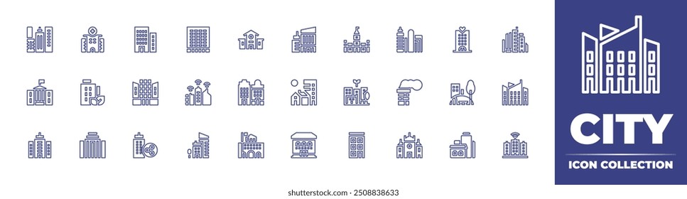 City line icon collection. Editable stroke. Vector illustration. Containing city, smartcity, buildings, modernarchitecture, hospital, officebuilding, headquarter, whitehouse.