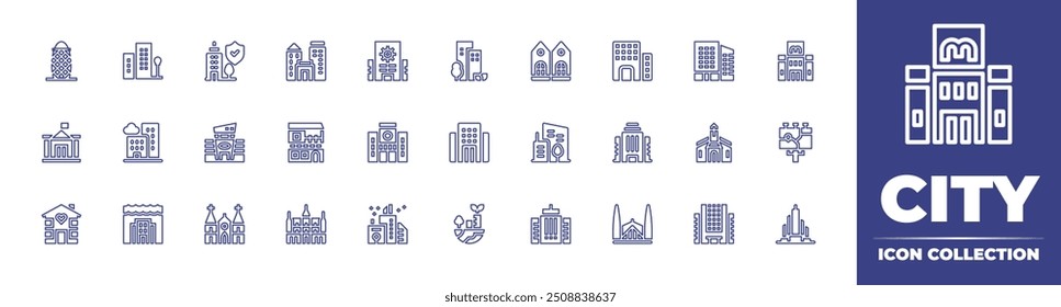 Coleção de ícones da linha da cidade. Traçado editável. Ilustração vetorial. Contendo cidade, greencity, burjkhalifa, citymap, arquiteturandcity, edifício, arranha-céu, faisalmosque, escritório.