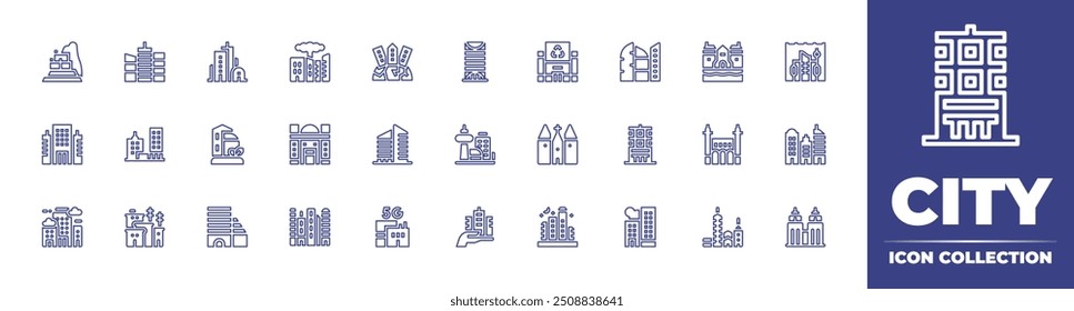 City line icon collection. Editable stroke. Vector illustration. Containing building, overpopulation, destruction, greencity, officebuilding, machupicchu, skyscraper.