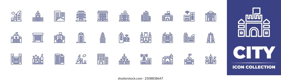 City line icon collection. Editable stroke. Vector illustration. Containing building, garage, castle, city, smartcity, skyscraper, telecommunications, officebuilding, hall, laermita.