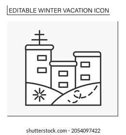 City line icon. City covered by heavy snow. Blizzard. Wintertime. Winter vacation concept. Isolated vector illustration. Editable stroke
