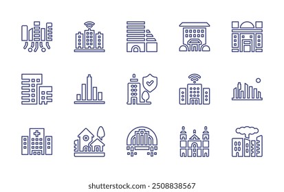 City line icon set. Editable stroke. Vector illustration. Containing smartcity, officebuilding, protection, skyline, city, office, building, cityscape, nursinghome.