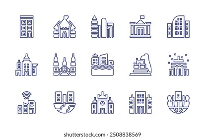 City line icon set. Editable stroke. Vector illustration. Containing townhall, flood, skyscraper, building, corporate, city, officebuilding, machupicchu.