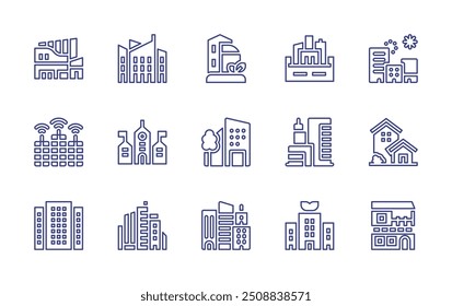 City line icon set. Editable stroke. Vector illustration. Containing skyscraper, building, mall, city, greencity, smartcity, townhall, cityscape, architecture.